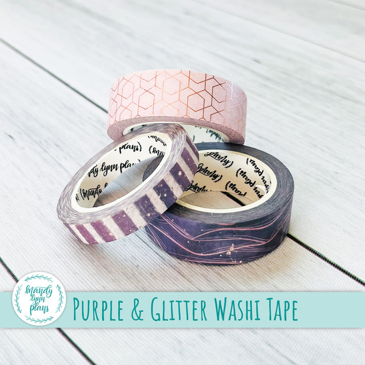 Set of 3 Washi Tape || Purple and Glitter || Rose Gold Foiled