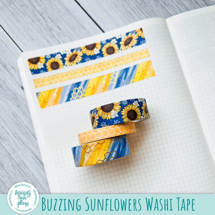 Set of 3 Washi Tape || Buzzing Sunflowers || Gold Foiled