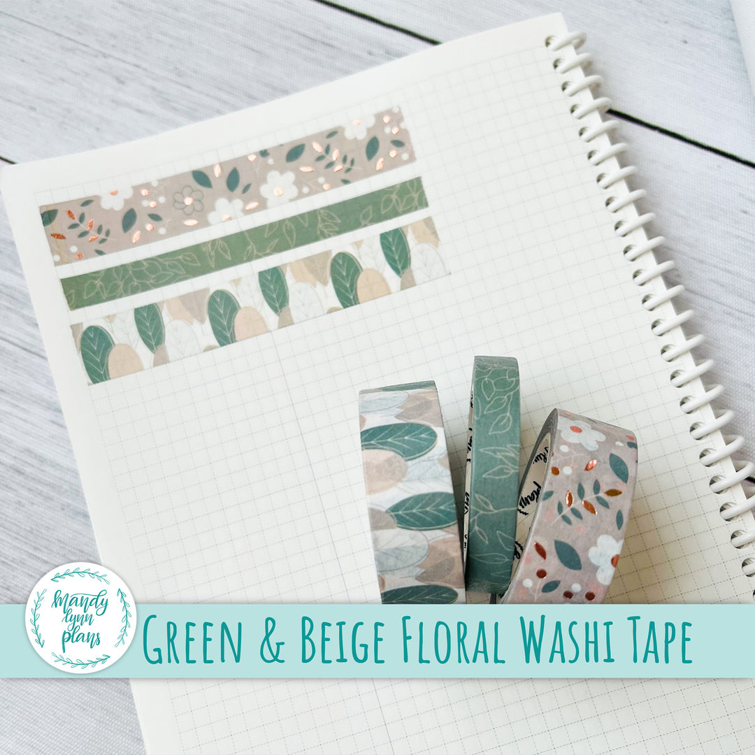 Set of 3 Washi Tape || Green and Beige Floral || Rose Gold Foiled