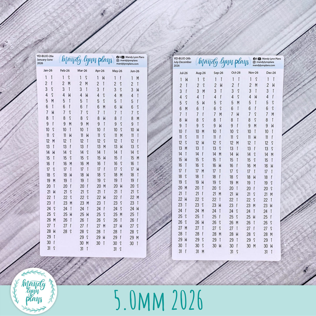 Yearly Index Number Day and Date Scripts || Bullet Journal 5.0mm Grid