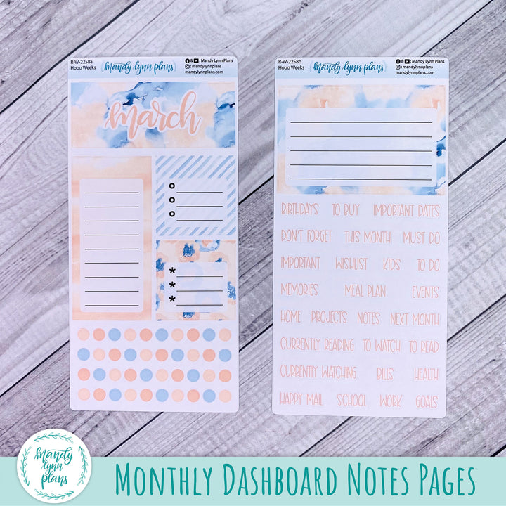 March Hobonichi Weeks Dashboard || Peach and Blue Watercolor || R-W-2258