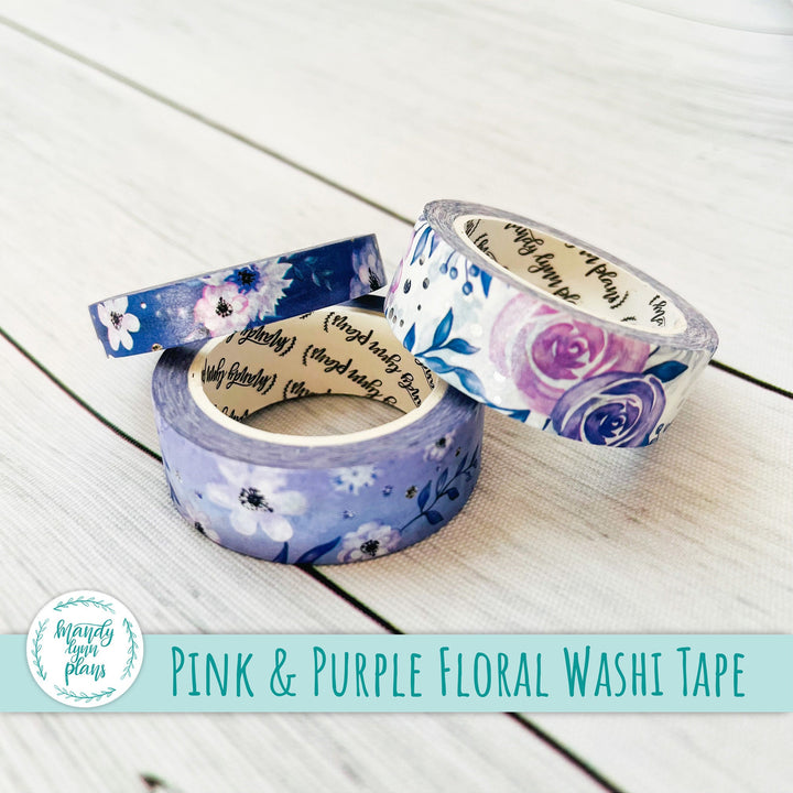 Set of 3 Washi Tape || Pink and Purple Floral || Silver Foiled