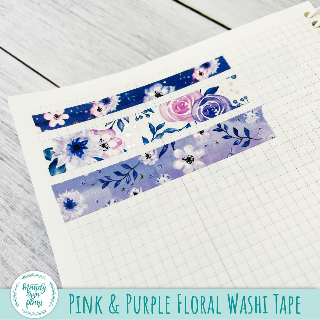 Set of 3 Washi Tape || Pink and Purple Floral || Silver Foiled