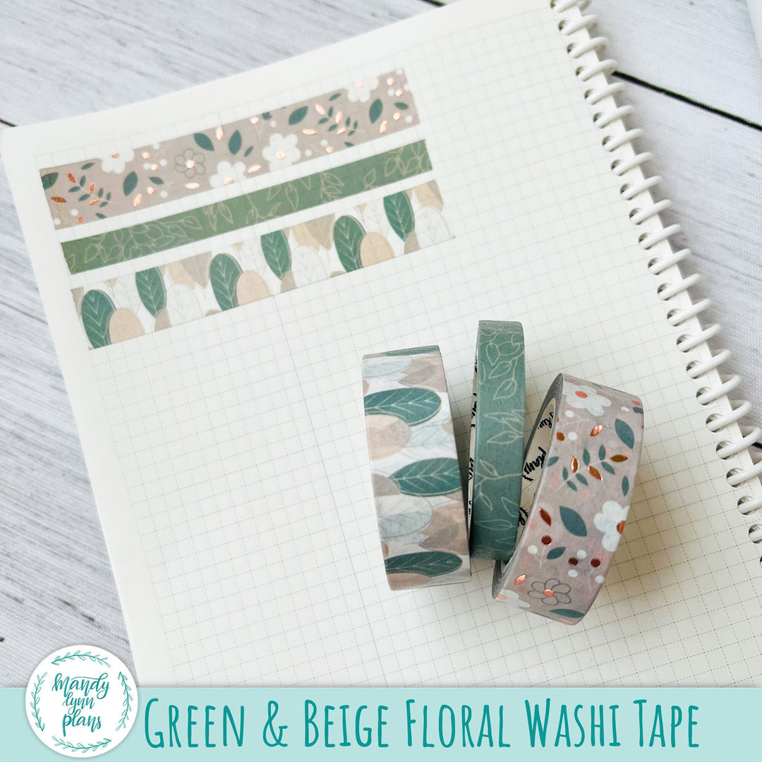 Set of 3 Washi Tape || Green and Beige Floral || Rose Gold Foiled