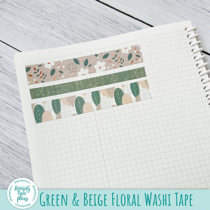 Set of 3 Washi Tape || Green and Beige Floral || Rose Gold Foiled