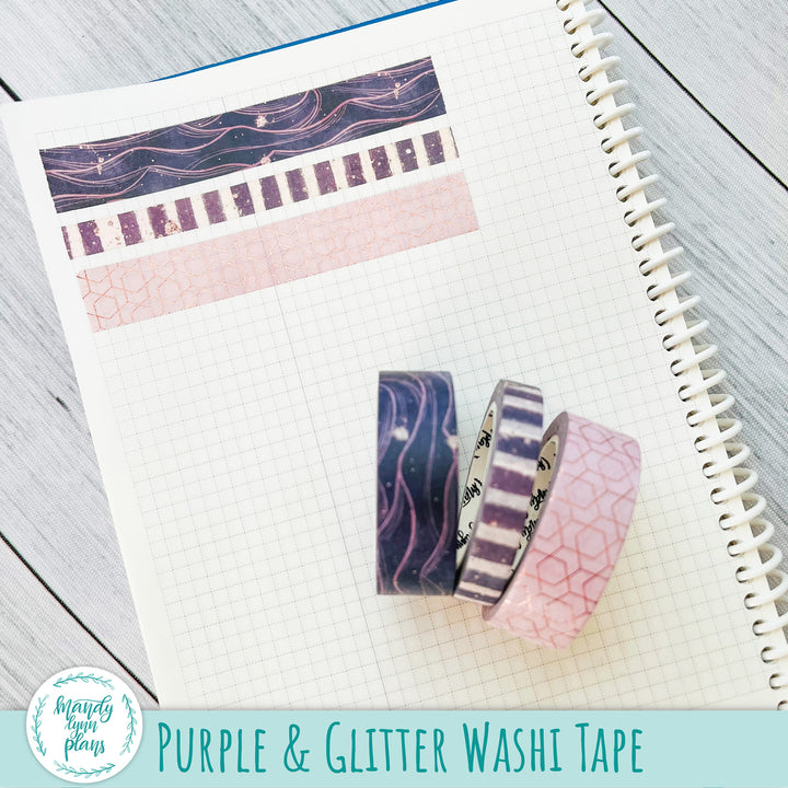 Set of 3 Washi Tape || Purple and Glitter || Rose Gold Foiled