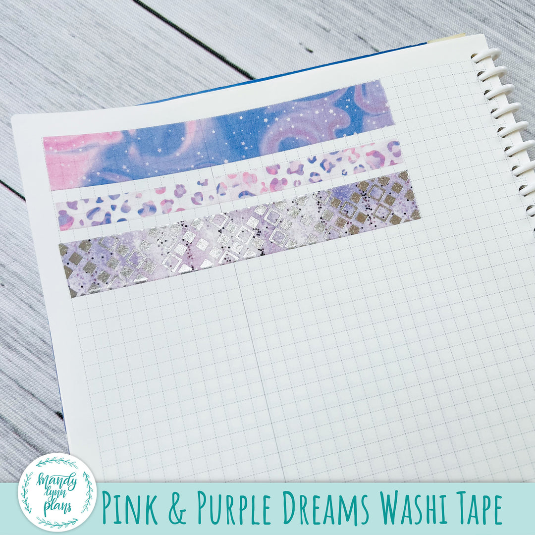 Set of 3 Washi Tape || Pink and Purple Dreams || Silver Foiled