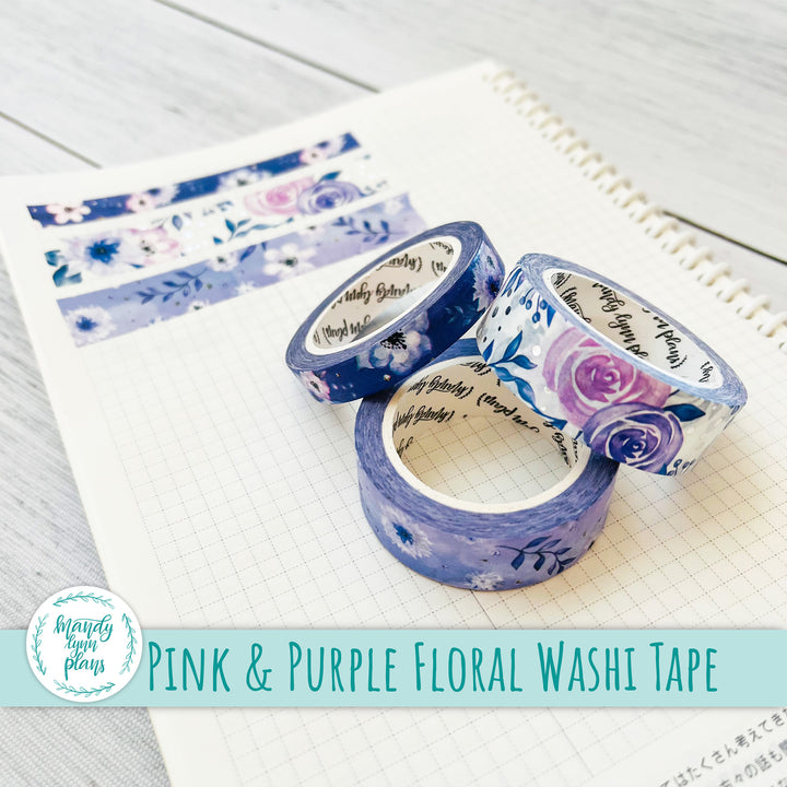 Set of 3 Washi Tape || Pink and Purple Floral || Silver Foiled