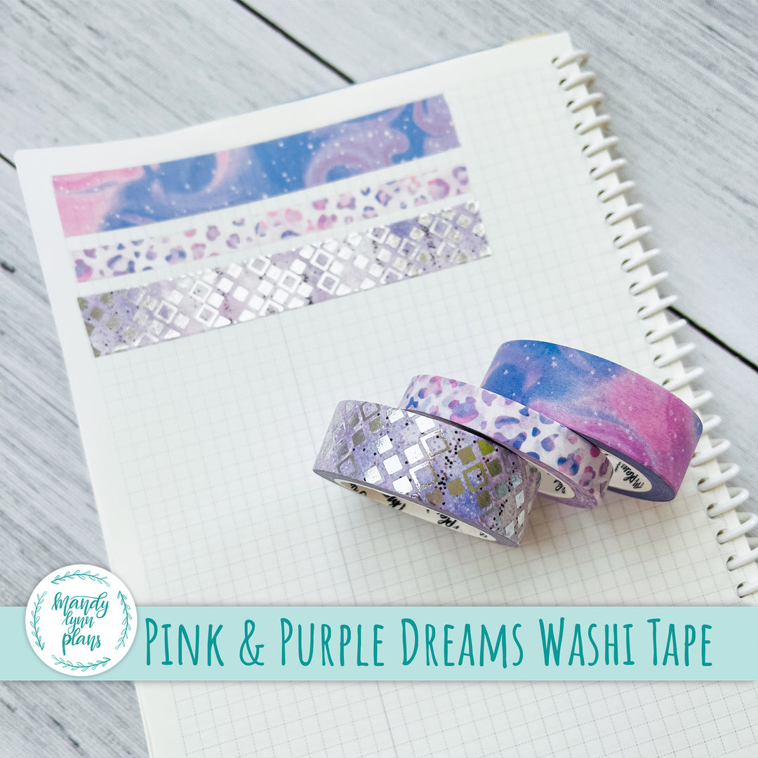 Set of 3 Washi Tape || Pink and Purple Dreams || Silver Foiled