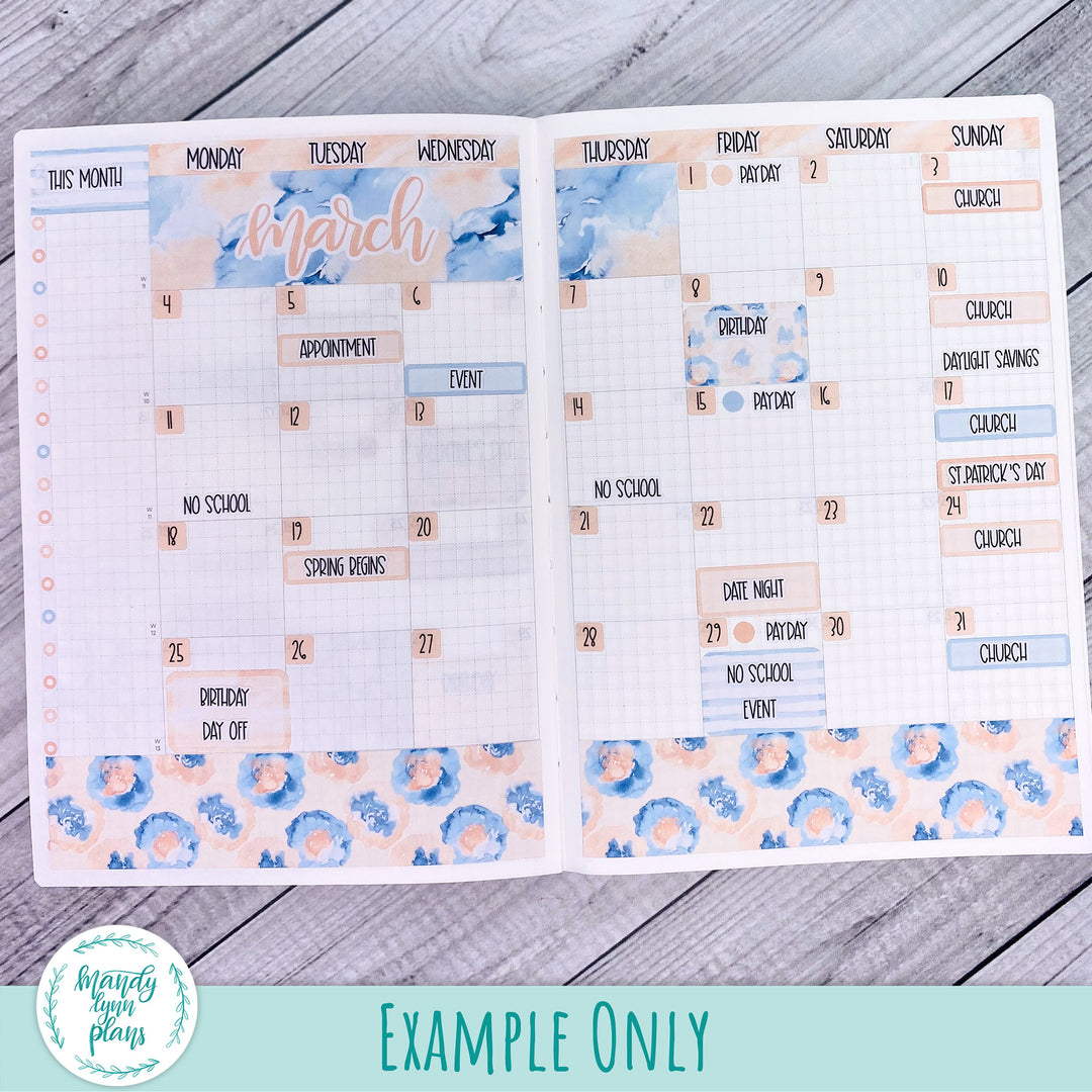 March 2024 Common Planner Monthly Kit || Peach and Blue Watercolor || 258