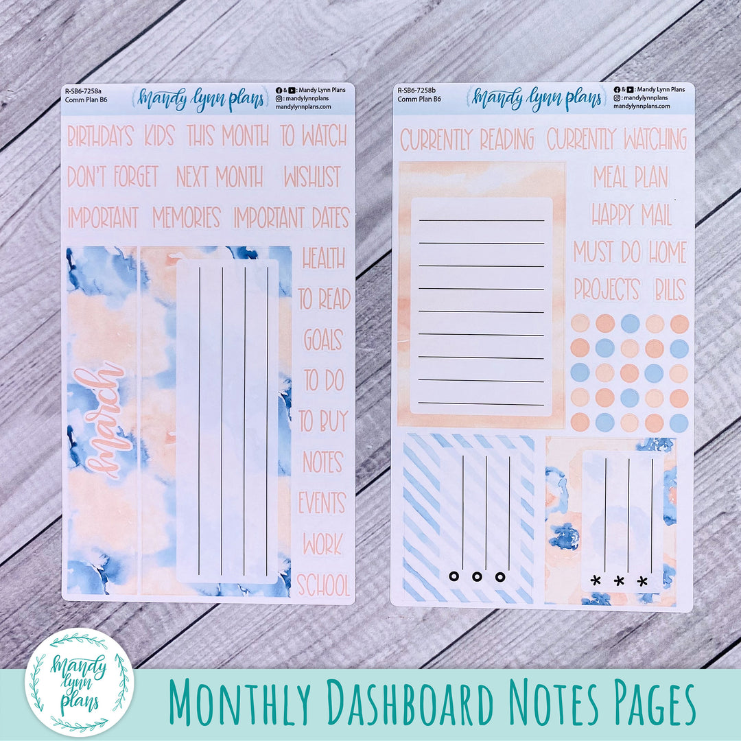 March Common Planner Dashboard || Peach and Blue Watercolor || 258