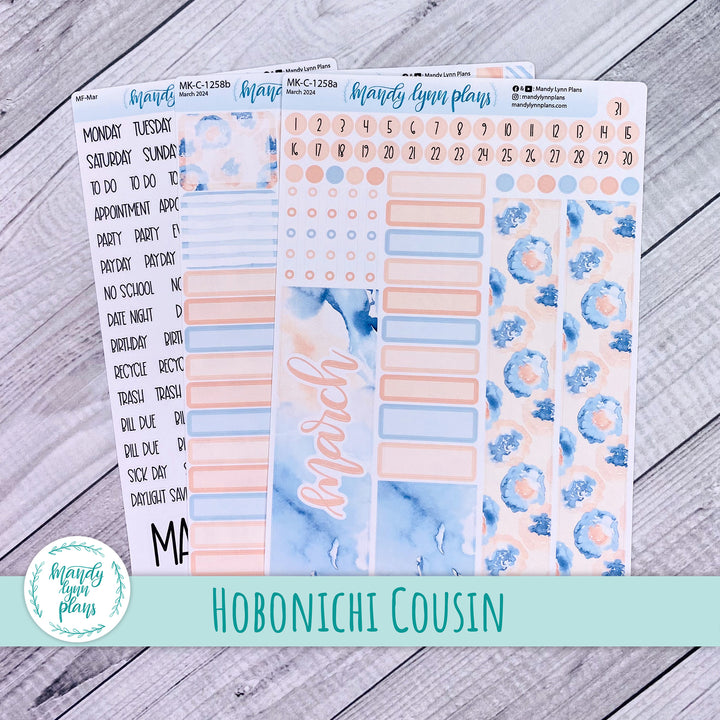 Hobonichi Cousin March 2024 Monthly || Peach and Blue Watercolor || MK-C-1258
