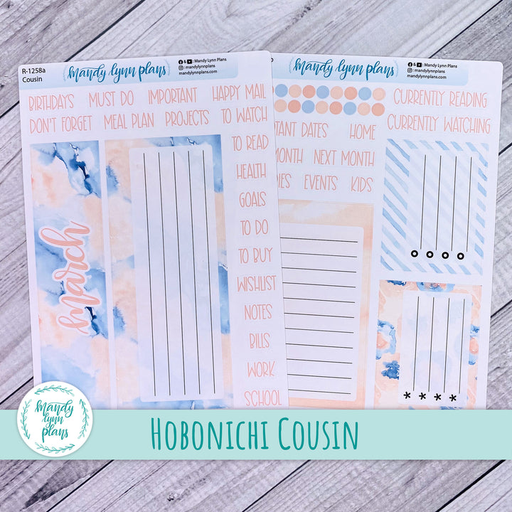 March Hobonichi Cousin Dashboard || Peach and Blue Watercolor || R-1258