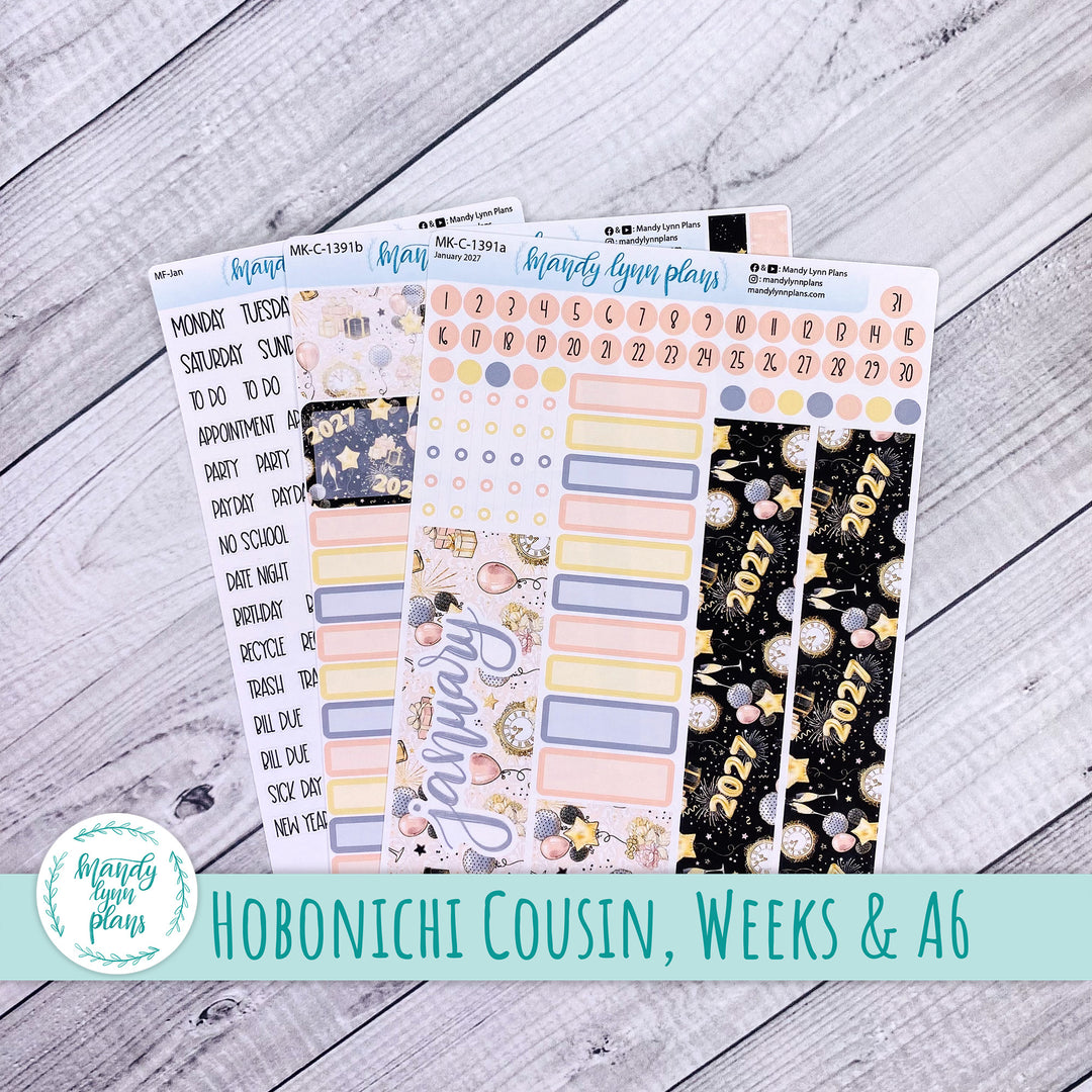 January 2027 or Any Month Monthly Kit || Hobonichi Cousin, Weeks, A6 || New Year's Party || 391