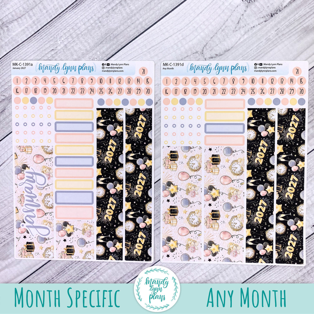 January 2027 or Any Month Monthly Kit || Hobonichi Cousin, Weeks, A6 || New Year's Party || 391