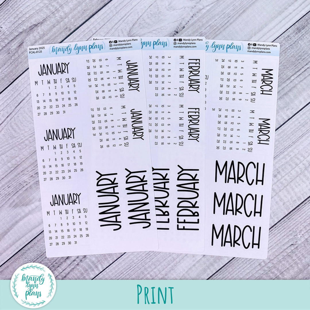 2025 Monthly Calendars || Monday Start