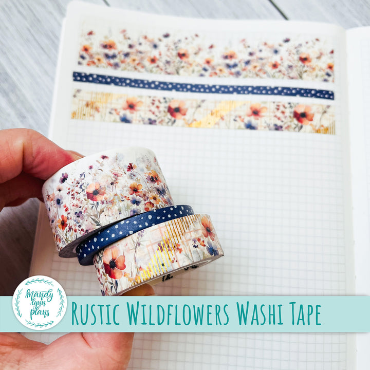 Set of 3 Washi Tape || Rustic Wildflowers || Gold Foiled