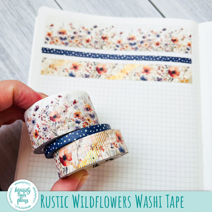 Set of 3 Washi Tape || Rustic Wildflowers || Gold Foiled