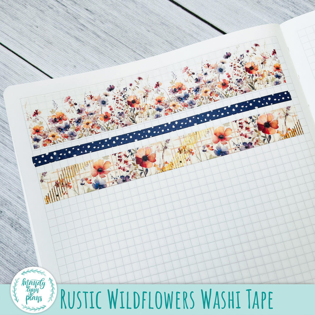 Set of 3 Washi Tape || Rustic Wildflowers || Gold Foiled