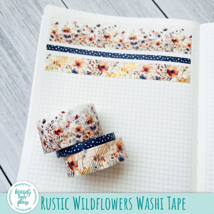 Set of 3 Washi Tape || Rustic Wildflowers || Gold Foiled