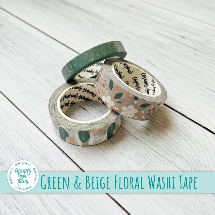 Set of 3 Washi Tape || Green and Beige Floral || Rose Gold Foiled